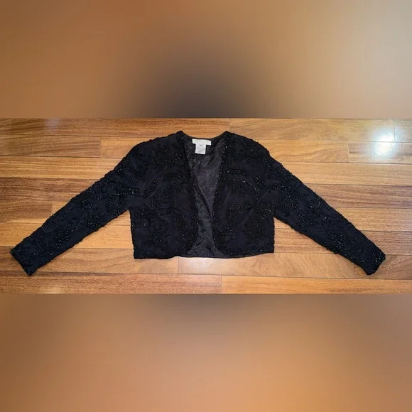 Vintage Adrianna Papell Evening Beaded Black Bolero Formal Shrug Jacket - XL - Picture 3 of 5
